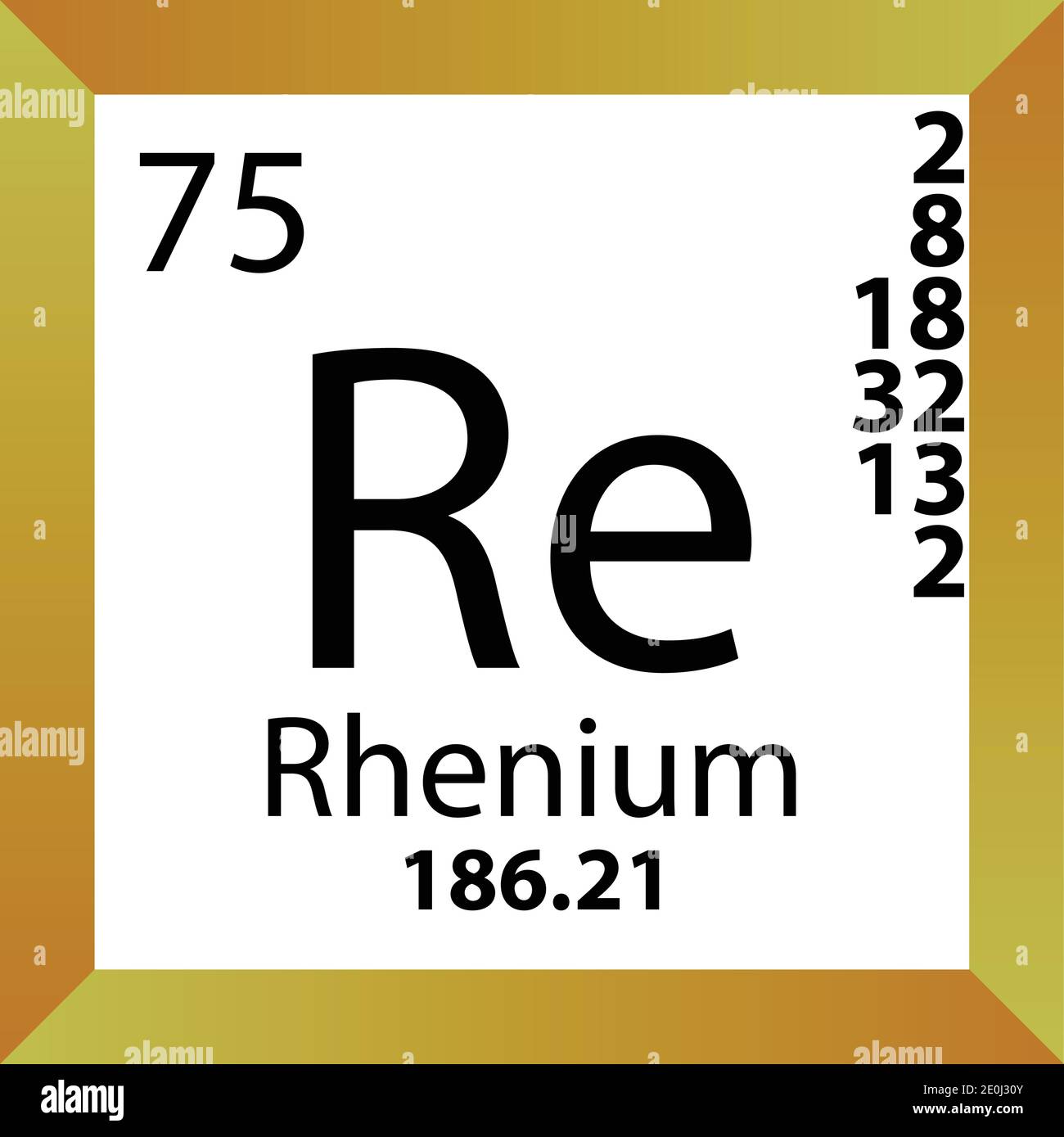 Tabella periodica degli elementi chimici del renio. Illustrazione a vettore singolo, icona colorata con massa molare, conn. Di elettroni e numero atomico. Illustrazione Vettoriale