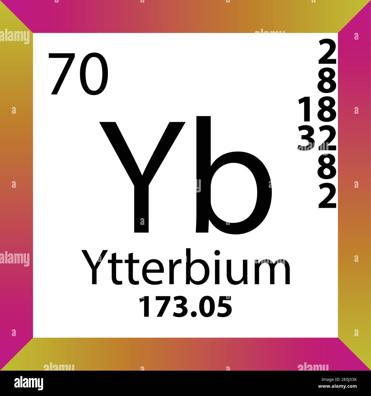 Yb Ytterbio Tabella periodica degli elementi chimici. Illustrazione a vettore singolo, icona colorata con massa molare, conn. Di elettroni e numero atomico. Illustrazione Vettoriale