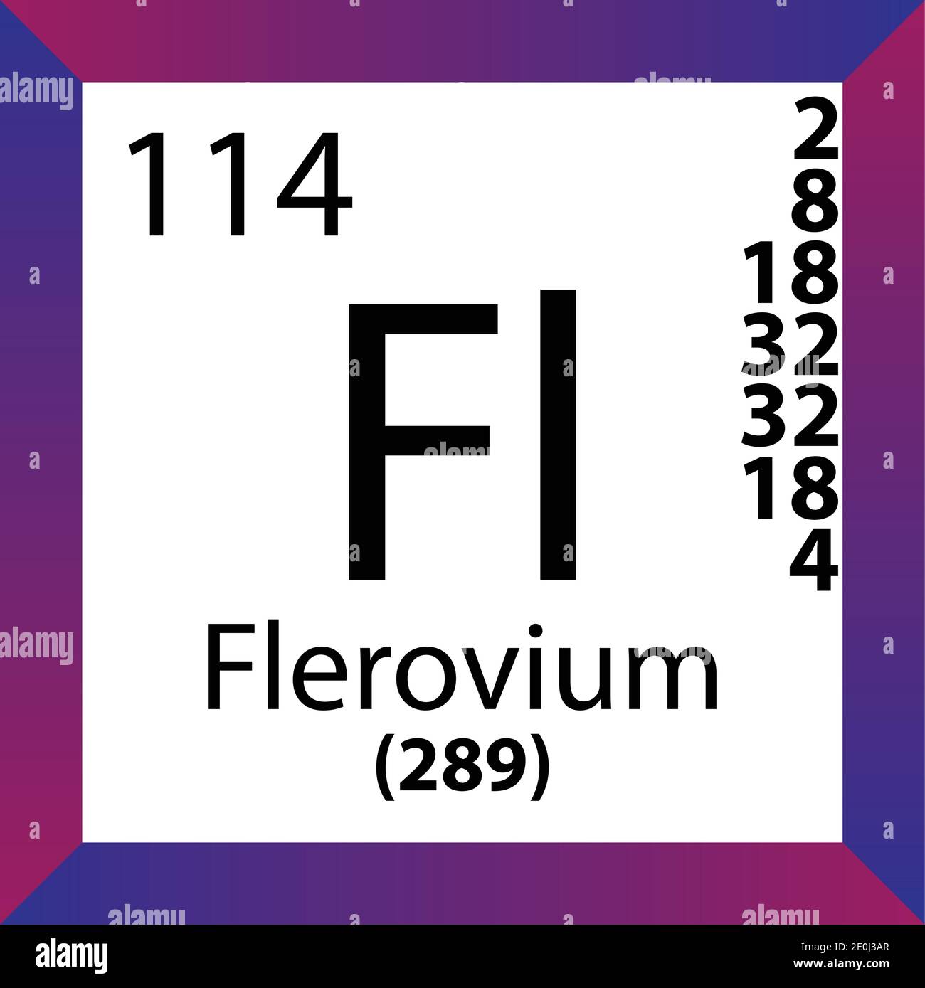 Tabella periodica degli elementi chimici del flerovio FL. Illustrazione a vettore singolo, icona colorata con massa molare, conn. Di elettroni e numero atomico. Illustrazione Vettoriale