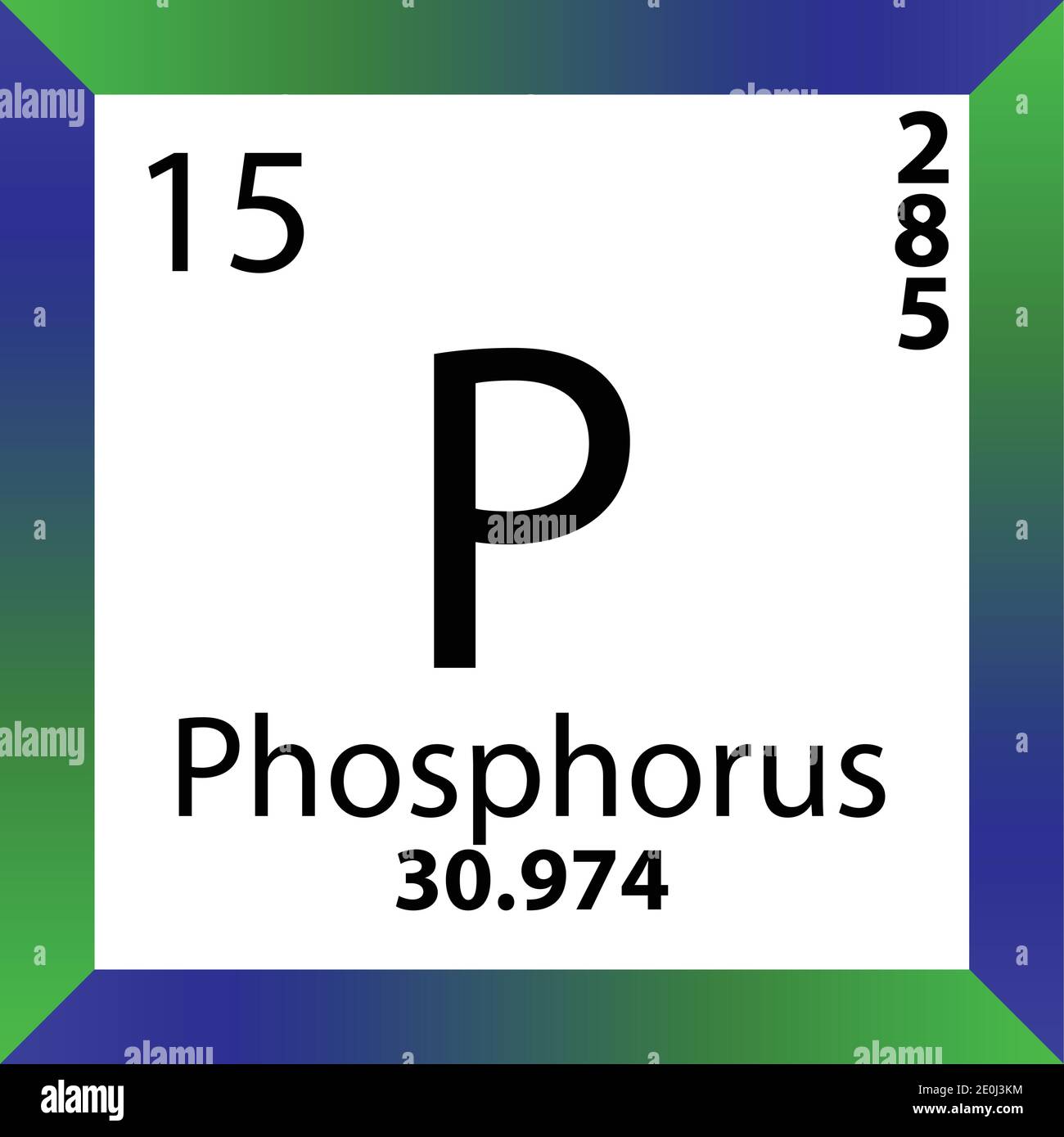 P Phosphorus Tabella periodica degli elementi chimici. Illustrazione a vettore singolo, icona colorata con massa molare, conn. Di elettroni e numero atomico. Illustrazione Vettoriale