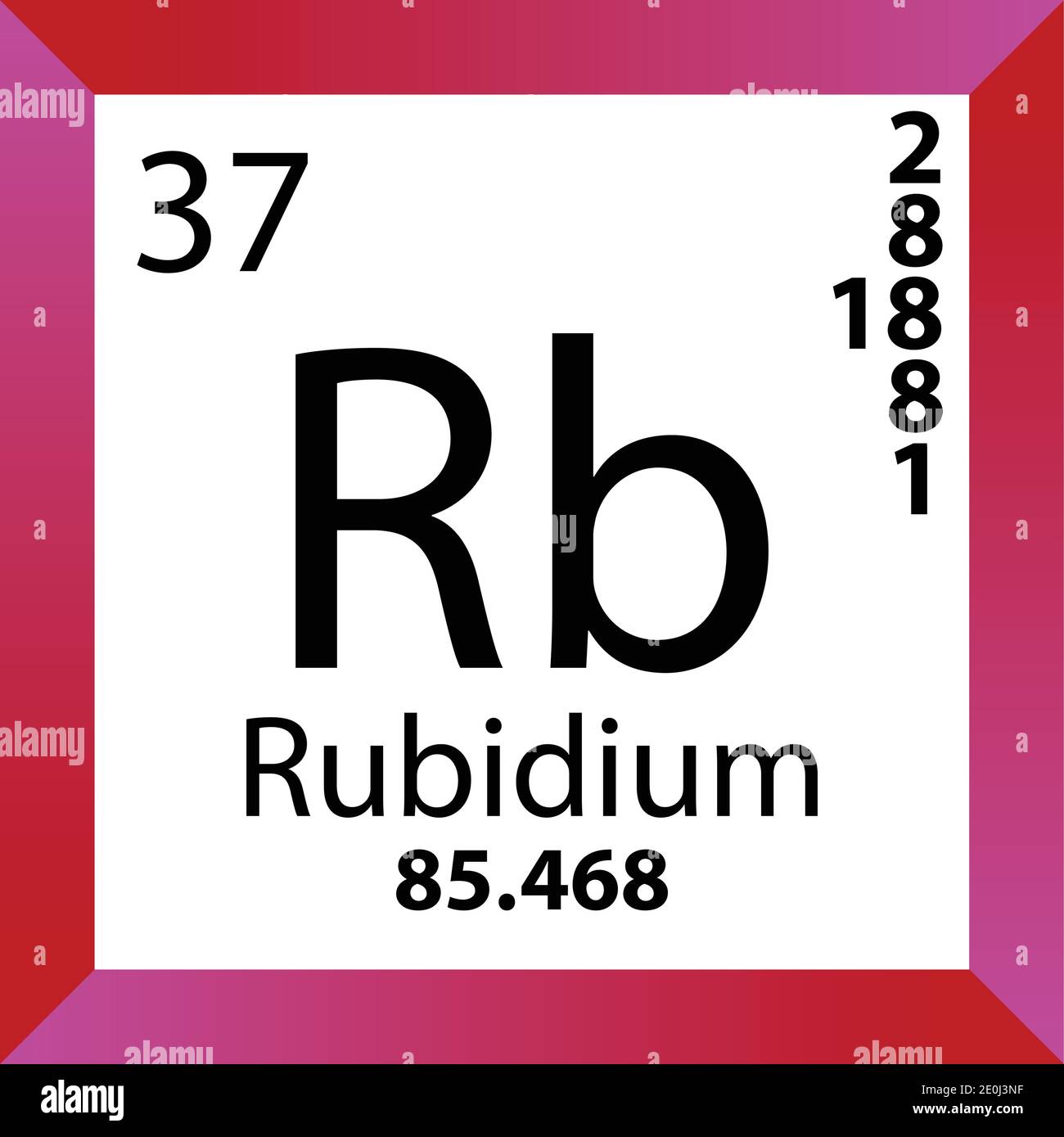 RB Rubidium Chemical Element Tavola periodica. Illustrazione a vettore singolo, icona colorata con massa molare, conn. Di elettroni e numero atomico. Illustrazione Vettoriale
