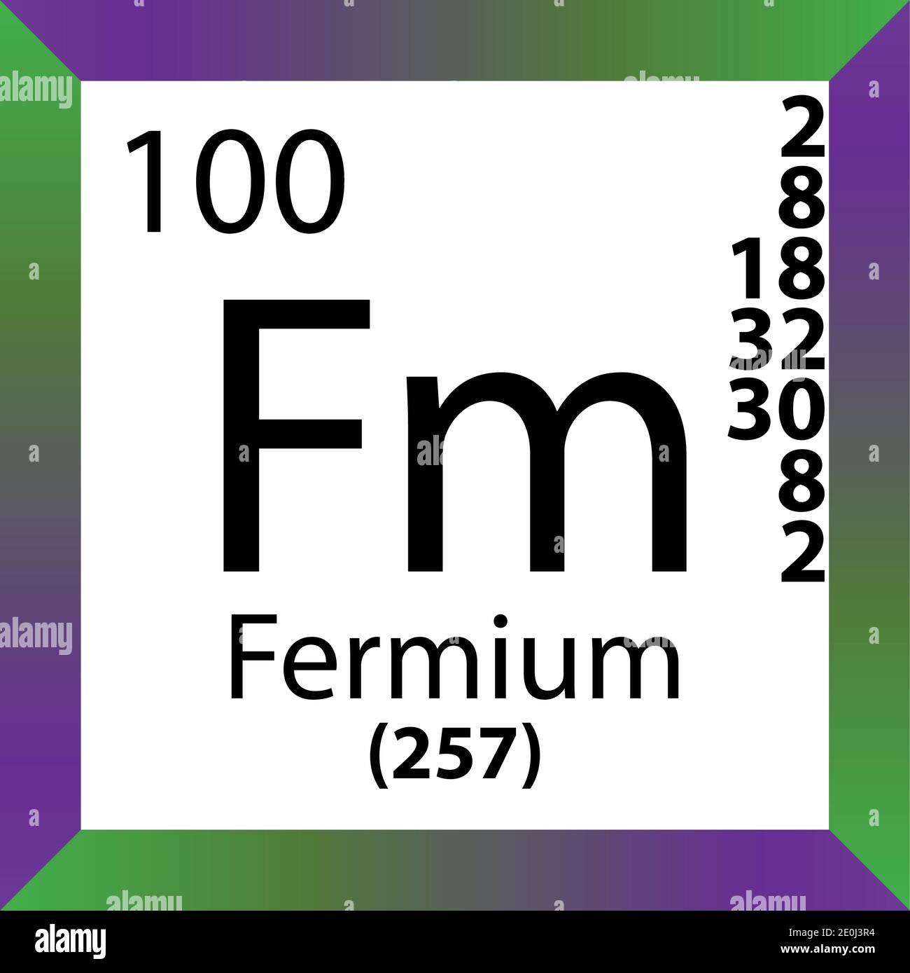 Tabella periodica degli elementi chimici al fermio FM. Illustrazione a vettore singolo, icona colorata con massa molare, conn. Di elettroni e numero atomico. Illustrazione Vettoriale