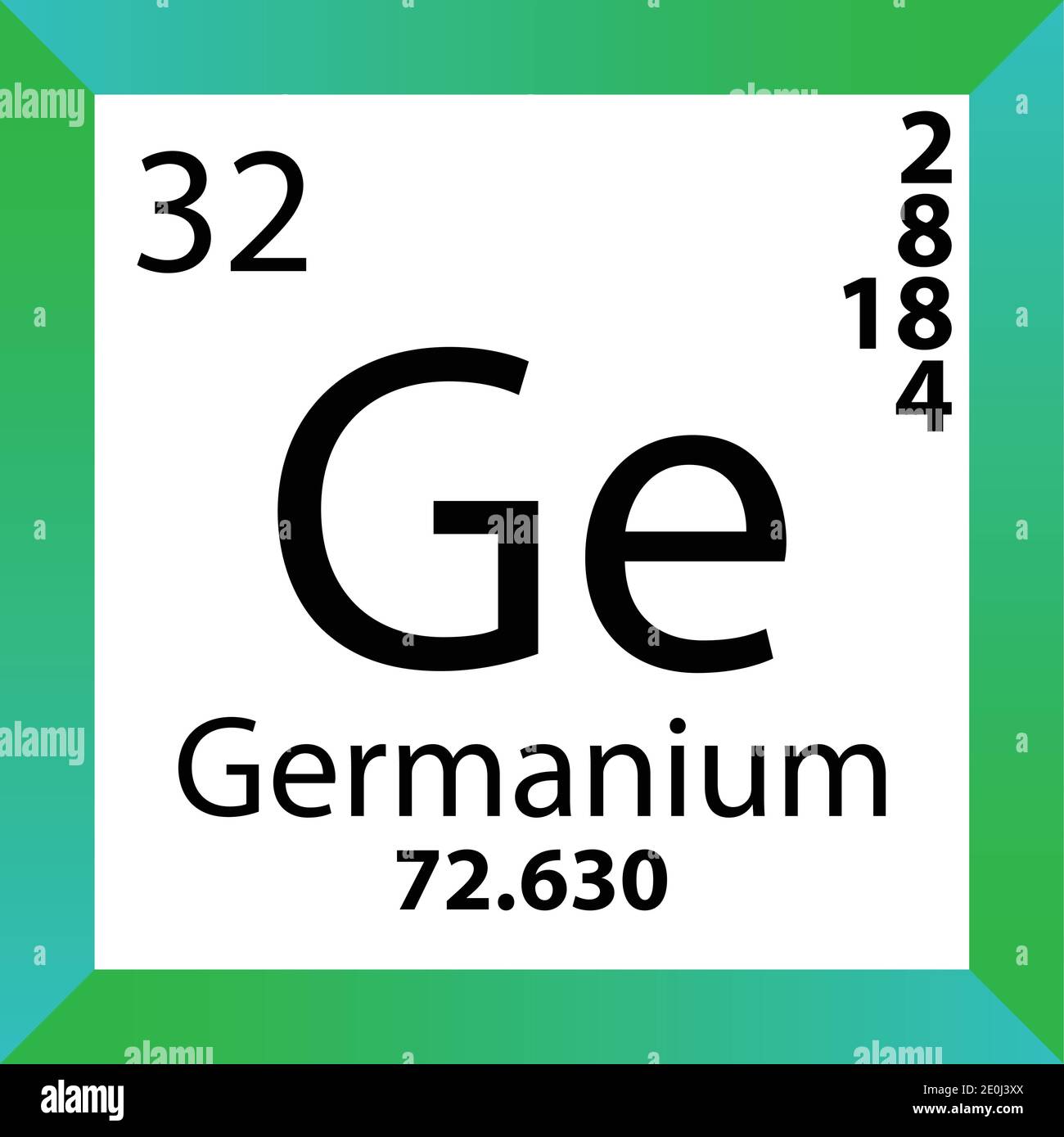 GE Germanium Chemical Element Tavola periodica. Illustrazione a vettore singolo, icona colorata con massa molare, conn. Di elettroni e numero atomico. Illustrazione Vettoriale