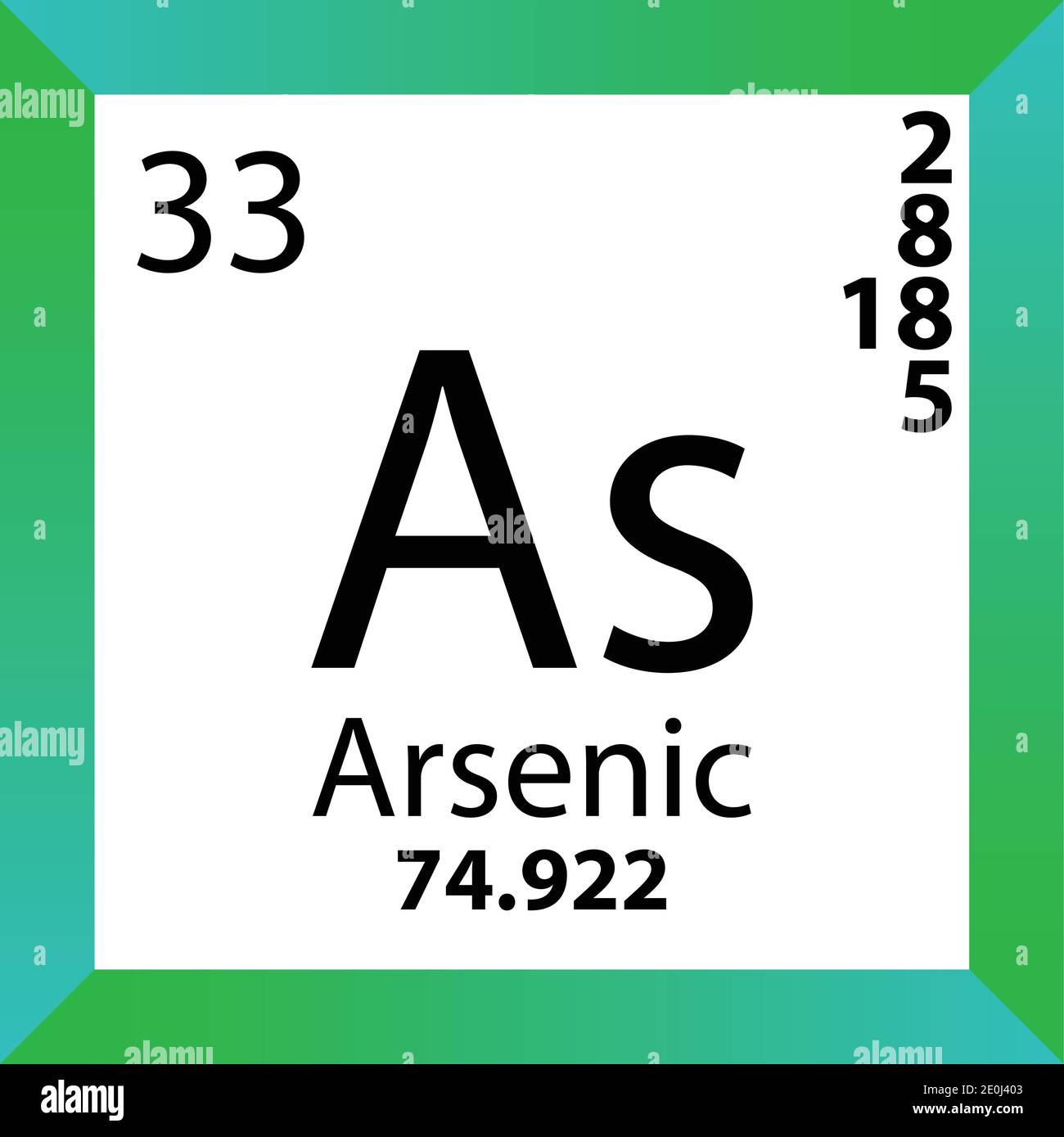 Come tavola periodica degli elementi chimici arsenici. Illustrazione a vettore singolo, icona colorata con massa molare, conn. Di elettroni e numero atomico. Illustrazione Vettoriale