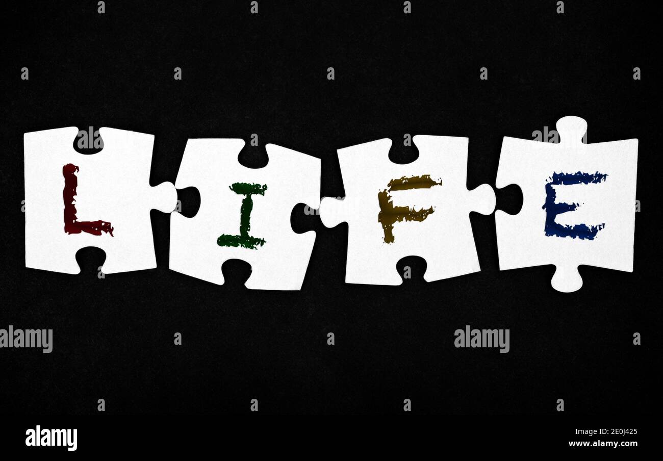Quattro pezzi di un puzzle con lettere di vita su sfondo nero. Close-up. Foto Stock