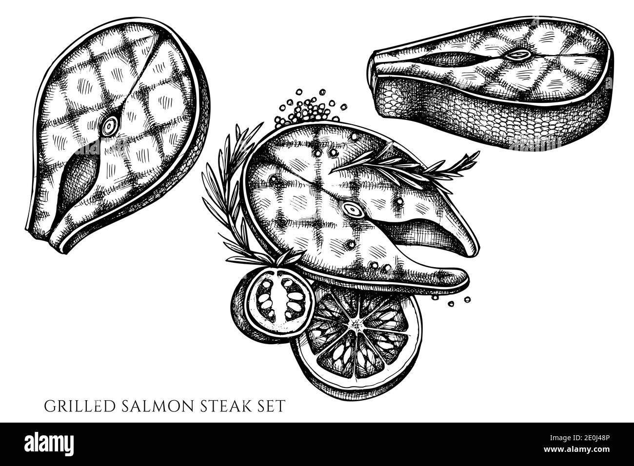 Set vettoriale di salmone grigliato bianco e nero disegnato a mano bistecca Illustrazione Vettoriale