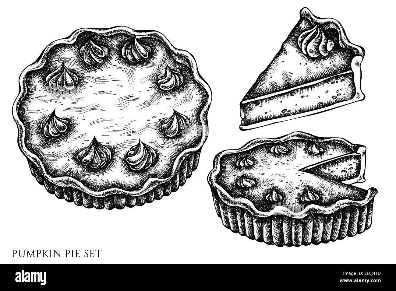 Set vettoriale di torta di zucca bianca e nera disegnata a mano Illustrazione Vettoriale