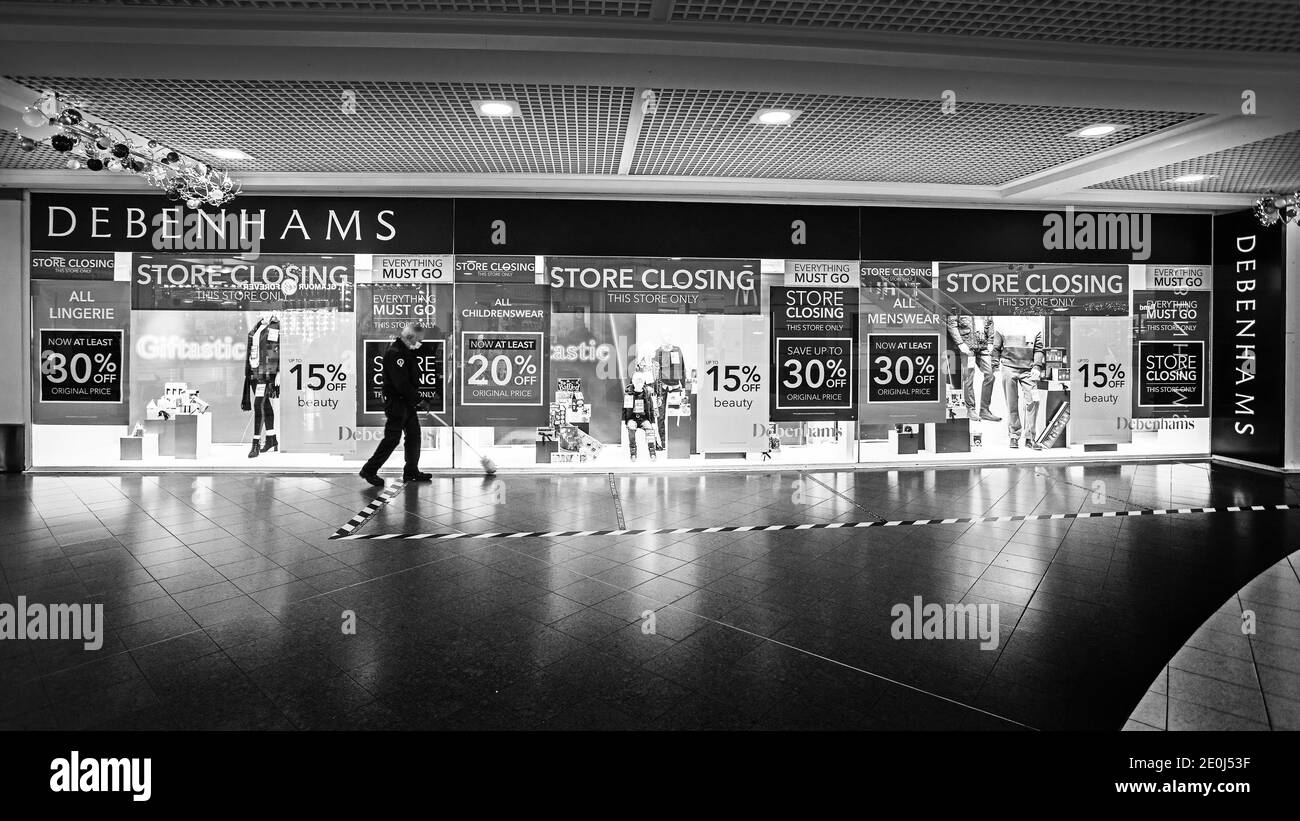 Negozio Debenhams Preston, Lancashire. A causa di chiusura dopo l'entrata in amministrazione. Foto Stock