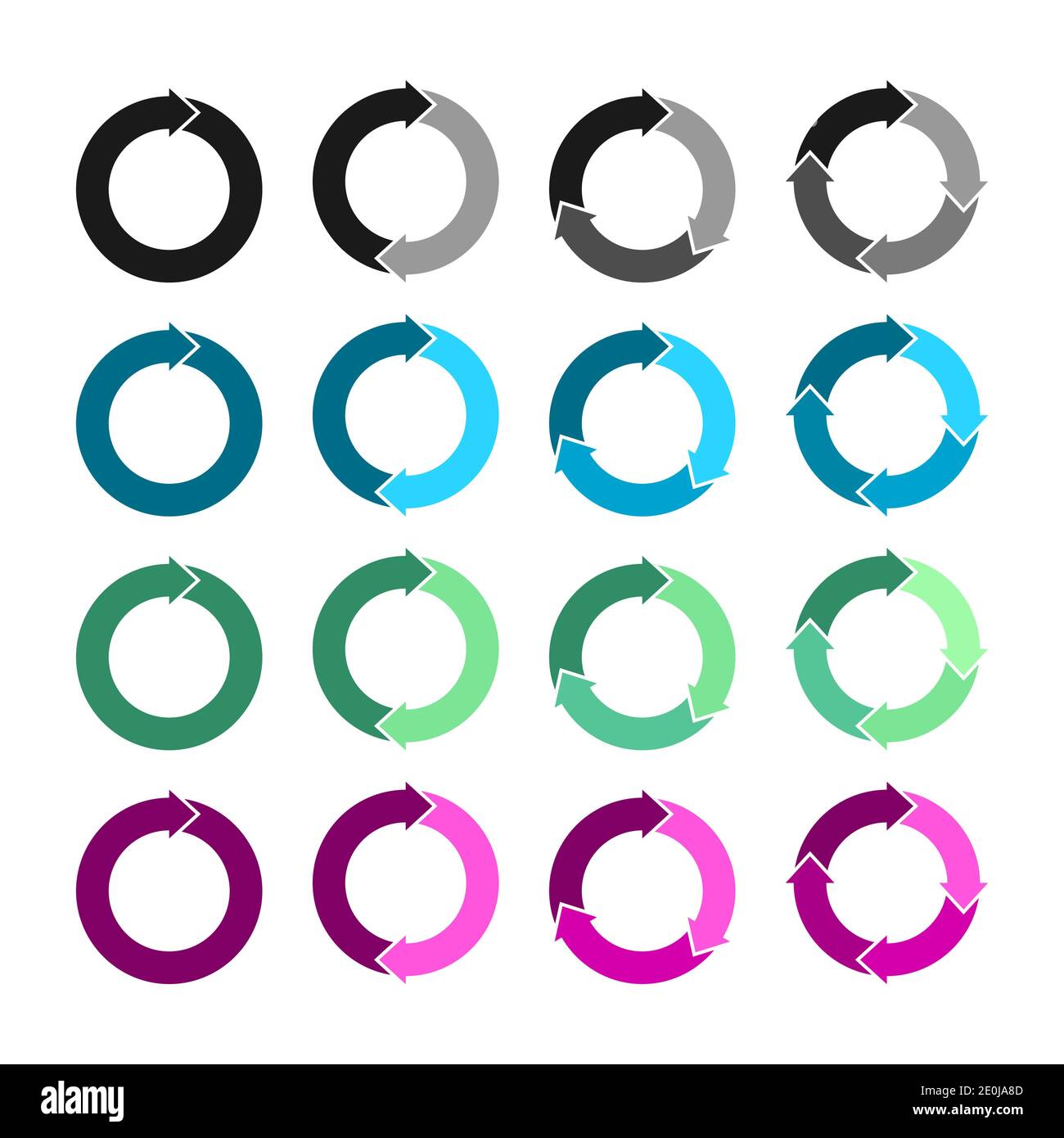 Frecce circolari impostate in colori diversi che ruotano su sfondo bianco. Aggiorna, ricarica, ricicla, rotazione del loop, raccolta dei segni. Frecce colorate. Vettore Illustrazione Vettoriale