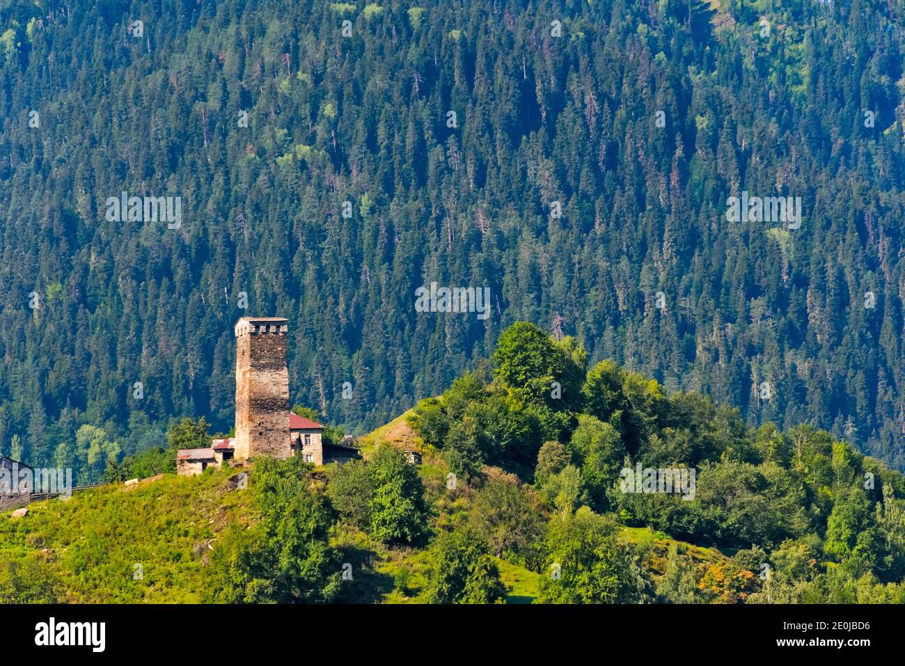 Torre di guardia medievale della casa di Svan nella montagna del Caucaso, regione di Svaneti, Georgia Foto Stock