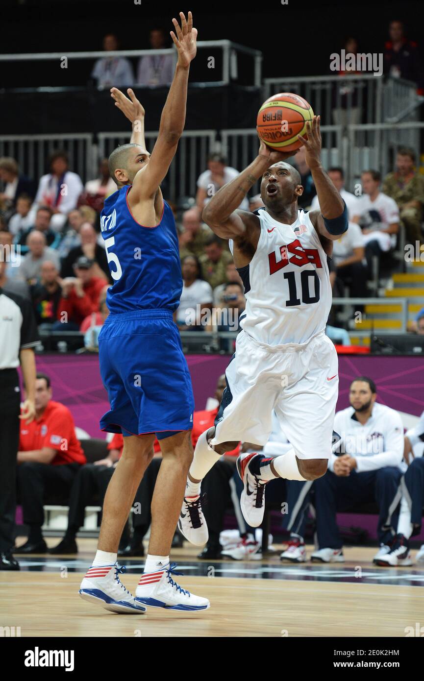 USA's Kobe Bryant durante il loro gruppo UN incontro preliminare, Francia contro USA il secondo giorno delle Olimpiadi di Londra 2012 a Londra, Regno Unito il 29 luglio 2012. Gli Stati Uniti hanno vinto il 98-71. Foto di ABACAPRESS.COM Foto Stock