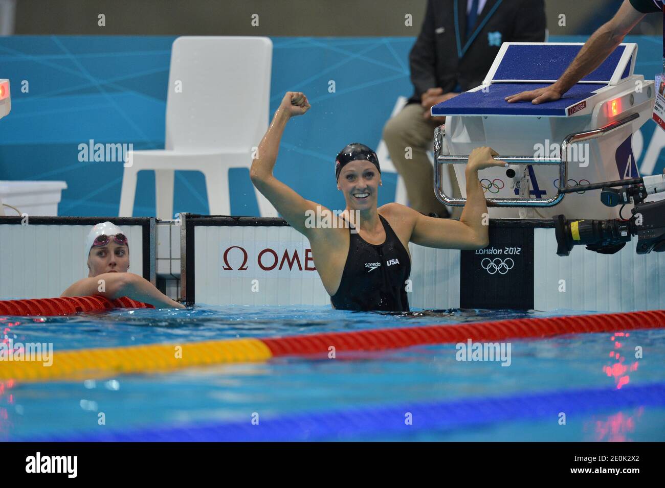Il 2012 luglio 2012, Dana Vollmer degli Stati Uniti ha vinto la finale femminile della Butterfly da 100 m durante i Giochi Olimpici di Londra del 29. Foto di Gouhier-Guibbaud-JMP/ABACAPRESS.COM Foto Stock