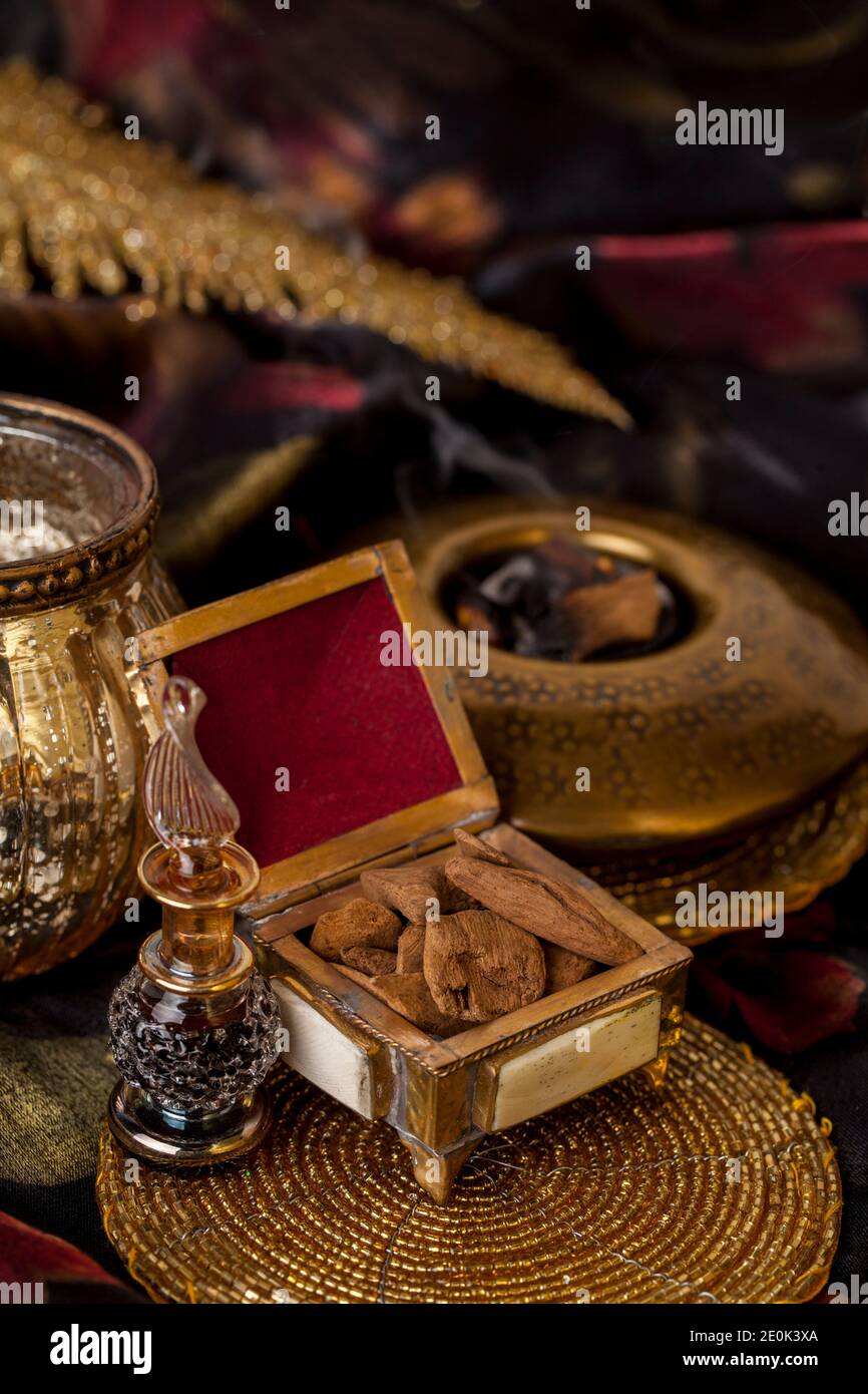 Legno di agarro, anche chiamato aloeswood, olio essenziale e incenso bruciante chips Foto Stock
