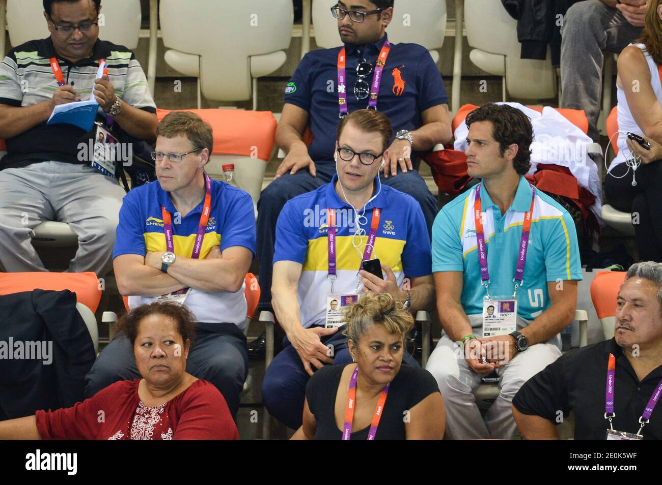 Il Principe Daniel il Duca di Vastergotland con il Principe Carl Philip partecipa alla sessione finale di nuoto al centro acquatico durante le Olimpiadi di Londra del 2012, il 31 agosto 2012. Foto di Gouhier-Guibbaud-JMP/ABACAPRESS.COM Foto Stock