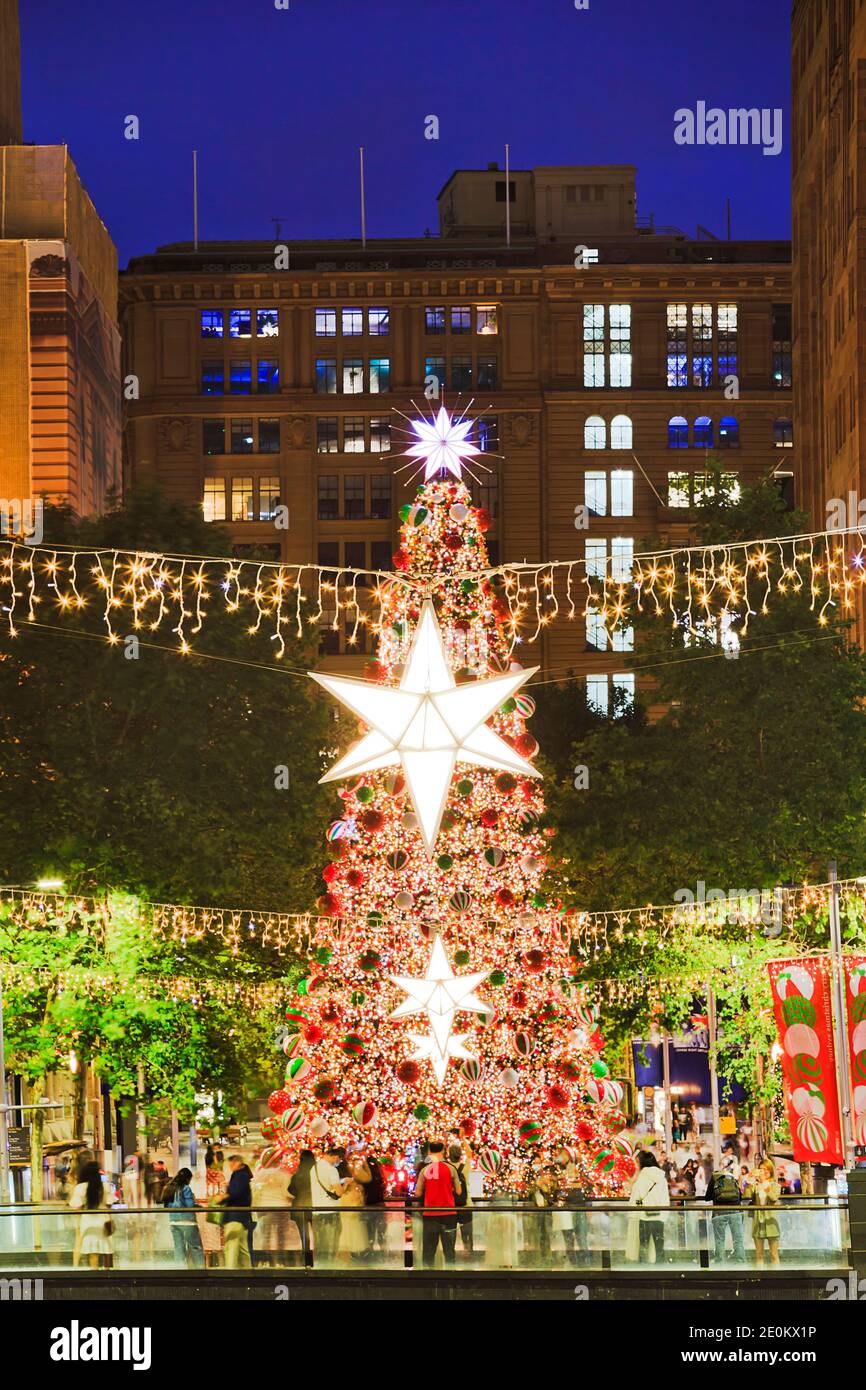 Alto albero di natale con luminosa illuminazione e decorazione su Martin Place nella città di Sydney al sole. Foto Stock