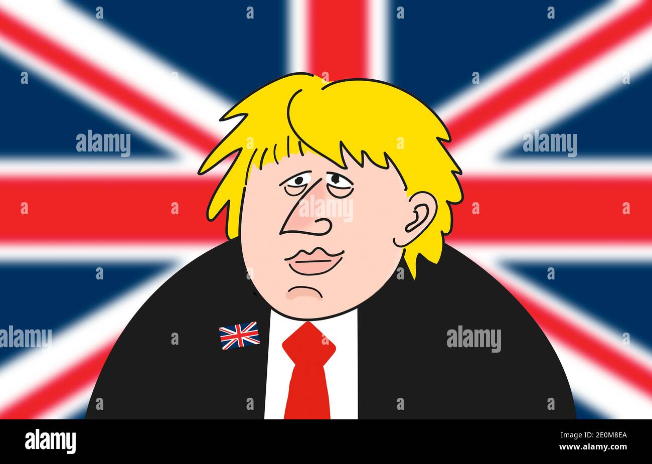 Disegno cartoon caricature del primo ministro britannico Boris Johnson davanti ad una grande bandiera offuscata del Regno Unito. Foto Stock