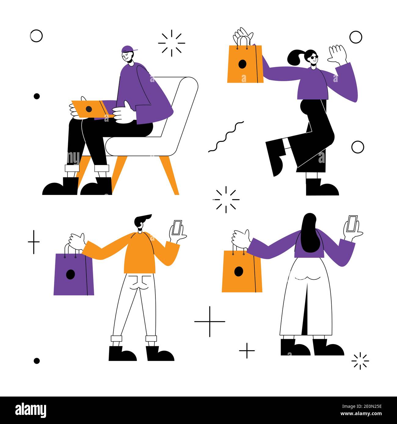 Negozio online e la gente icona insieme di disegno di shopping ecommerce Market Retail e tema di acquisto illustrazione vettoriale Illustrazione Vettoriale