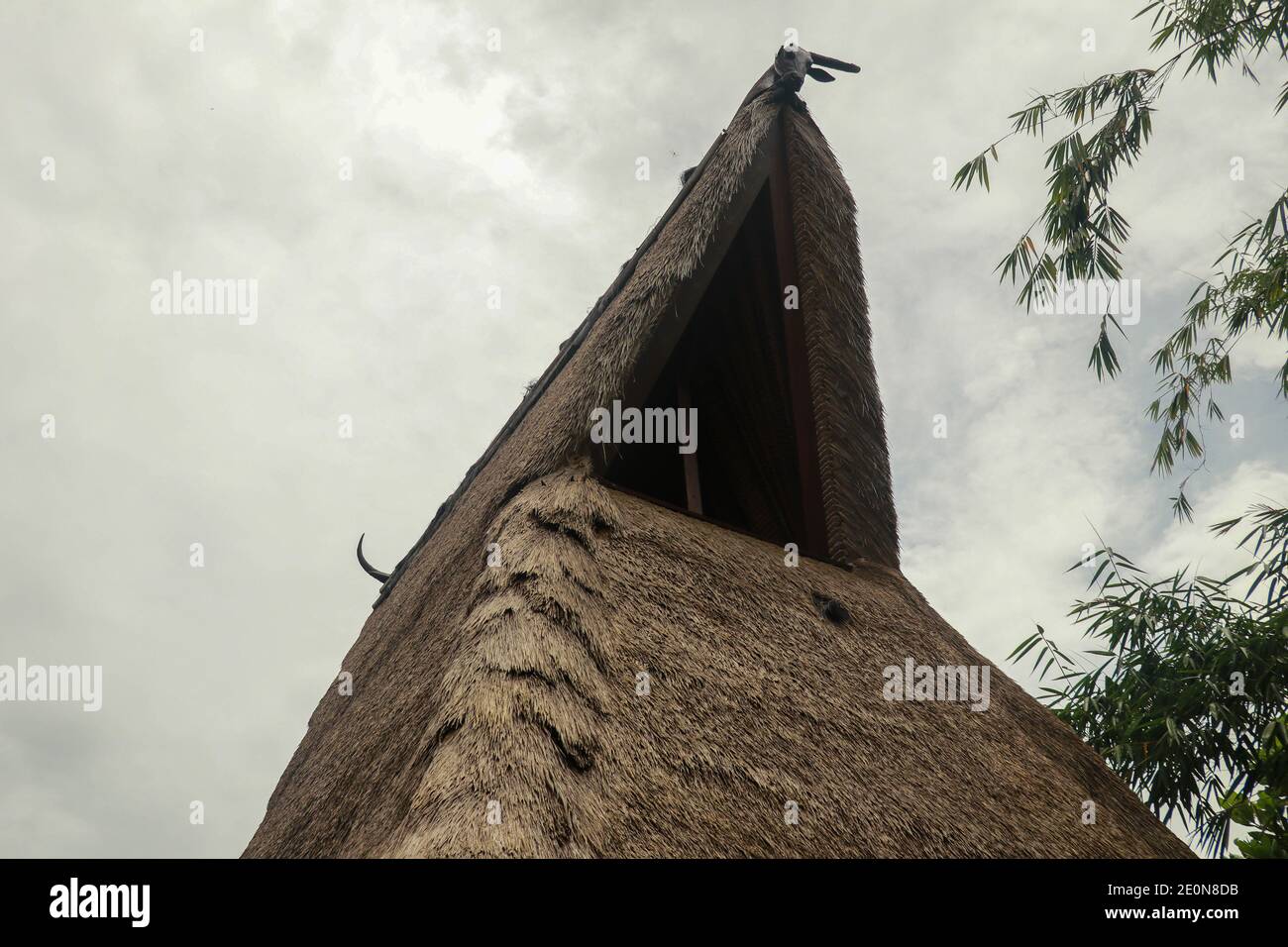 Primo piano di un tetto di canna di una casa tradizionale. Rumah Gerga, Casa Gerga è una casa tradizionale della tribù di Karo nel Nord Sumatra, Indonesia. Fondata in Foto Stock