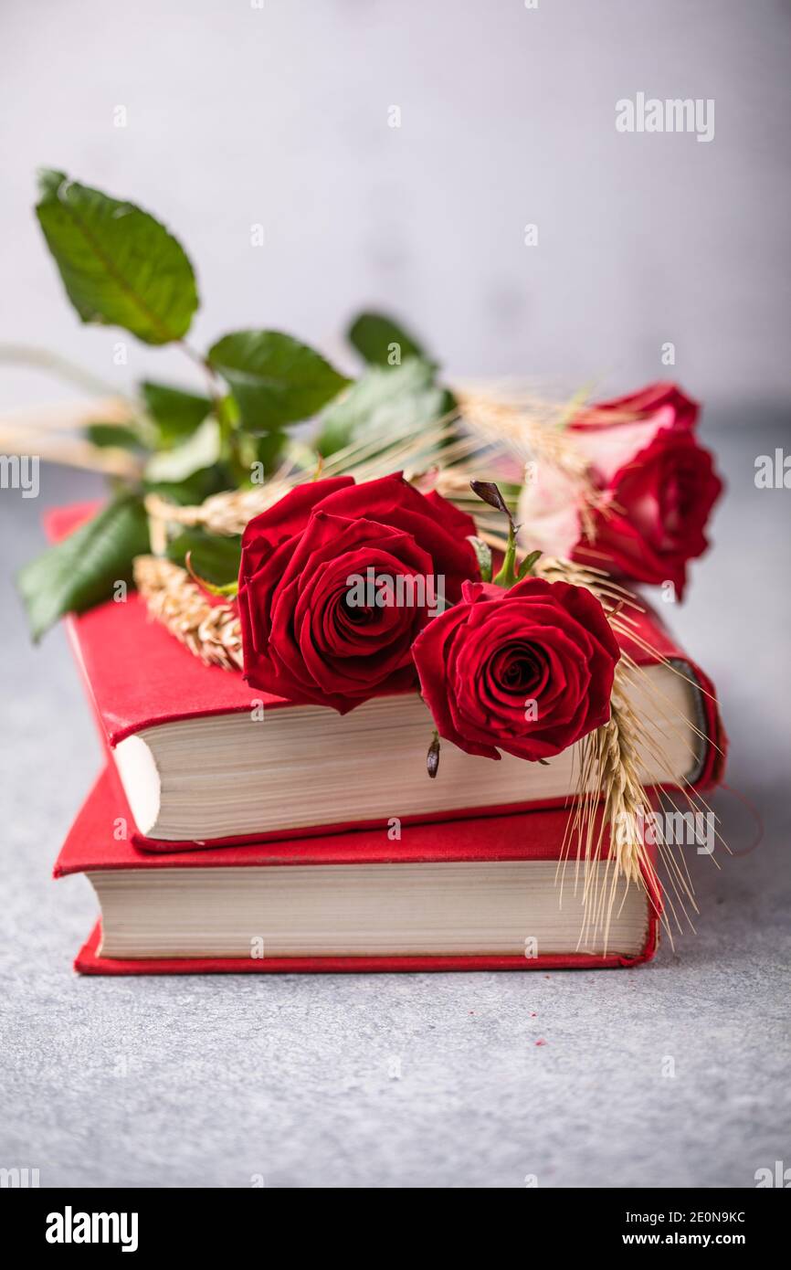 Rosa e libro, regalo tradizionale per Sant Jordi, il giorno di San Giorgio. È la versione di San Valentino di Catalunya Foto Stock