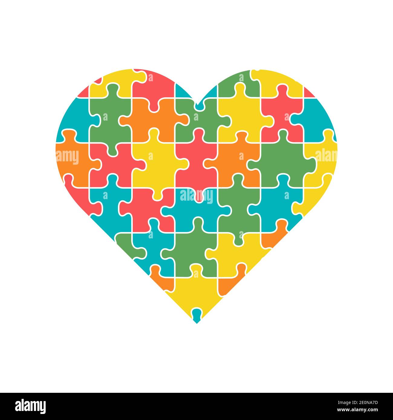 Cuore con pezzi di puzzle multicolore all'interno, isolato su sfondo bianco. Amore, medico, simbolo del rapporto. Consapevolezza autismo. Piatto vettoriale Illustrazione Vettoriale