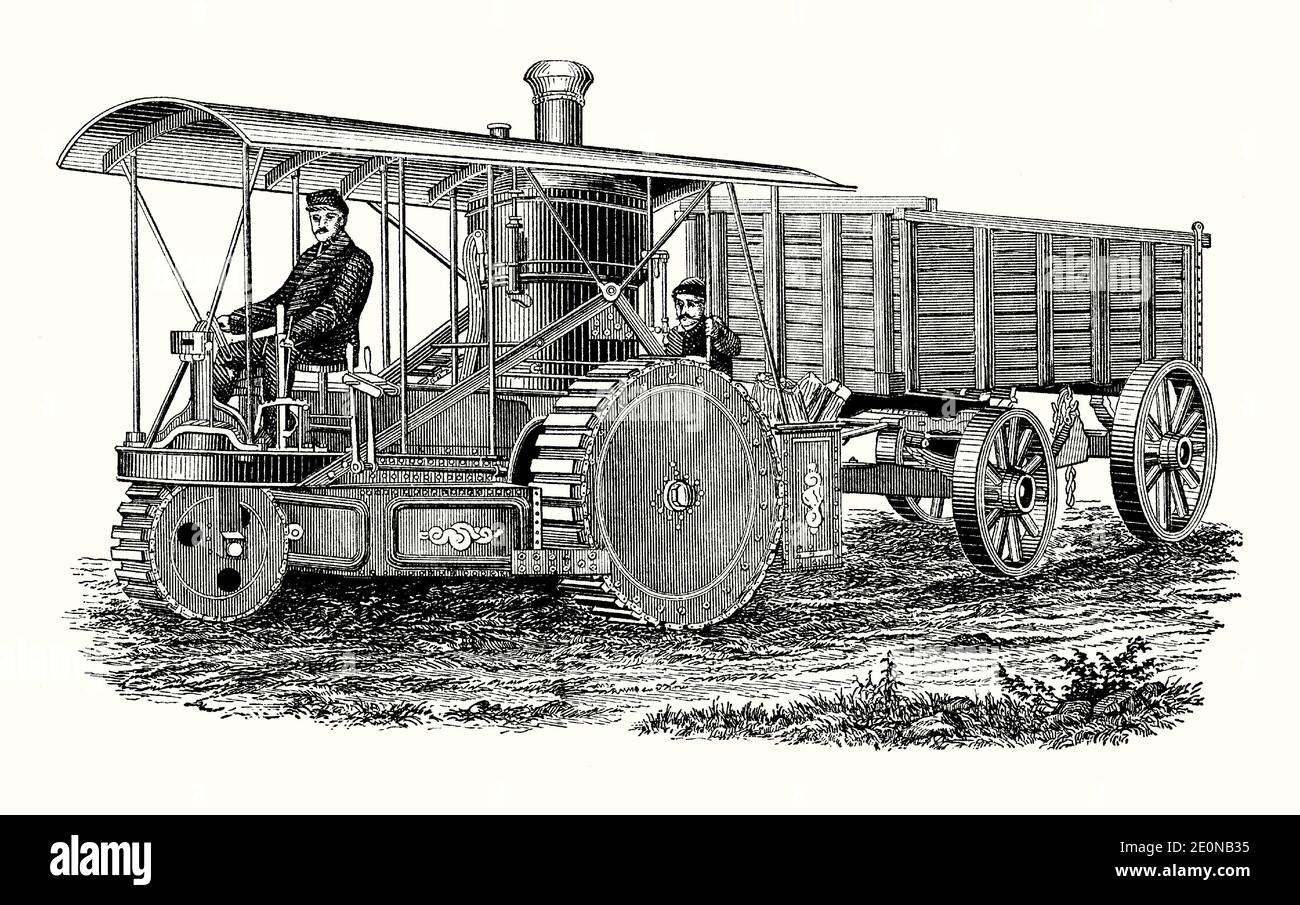 Una vecchia incisione di un ‘vaporizzatore stradale’ vittoriano recante un carro di carbone, realizzata da Robert Thomson, Leith, Edimburgo, Scozia, Regno Unito. È da un libro di ingegneria meccanica del 1880. Questa locomotiva a vapore era dotata di pneumatici in gomma sulle sue tre ruote e, insolitamente per il momento, il conducente era seduto davanti al veicolo. Utilizzava tronchi nella caldaia verticale. Robert William Thomson (1873–1822) è stato l'inventore scozzese del pneumatico nel 1845. La resilienza degli pneumatici in gomma ha permesso al suo motore a vapore leggero da cinque tonnellate di causare piccoli danni alle strade rispetto ai veicoli più pesanti. Foto Stock