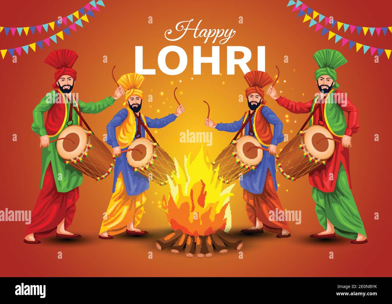 Happy Lohri festival di Punjab India background. Vettore illustrazione gruppo di persone che giocano la danza lohri. Illustrazione Vettoriale