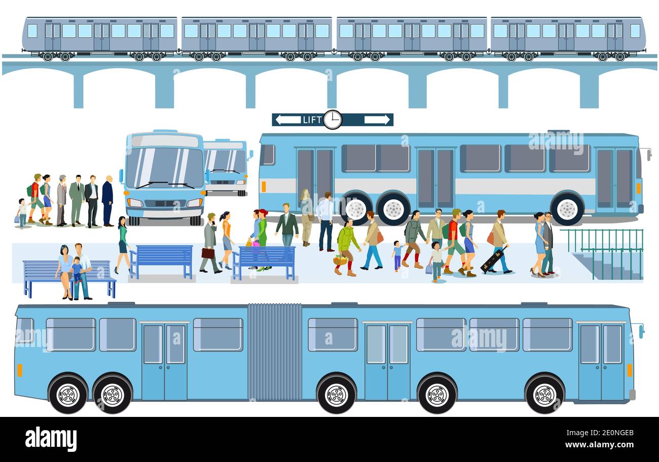 Fermata dell'autobus con illustrazione del treno sopraelevato Illustrazione Vettoriale