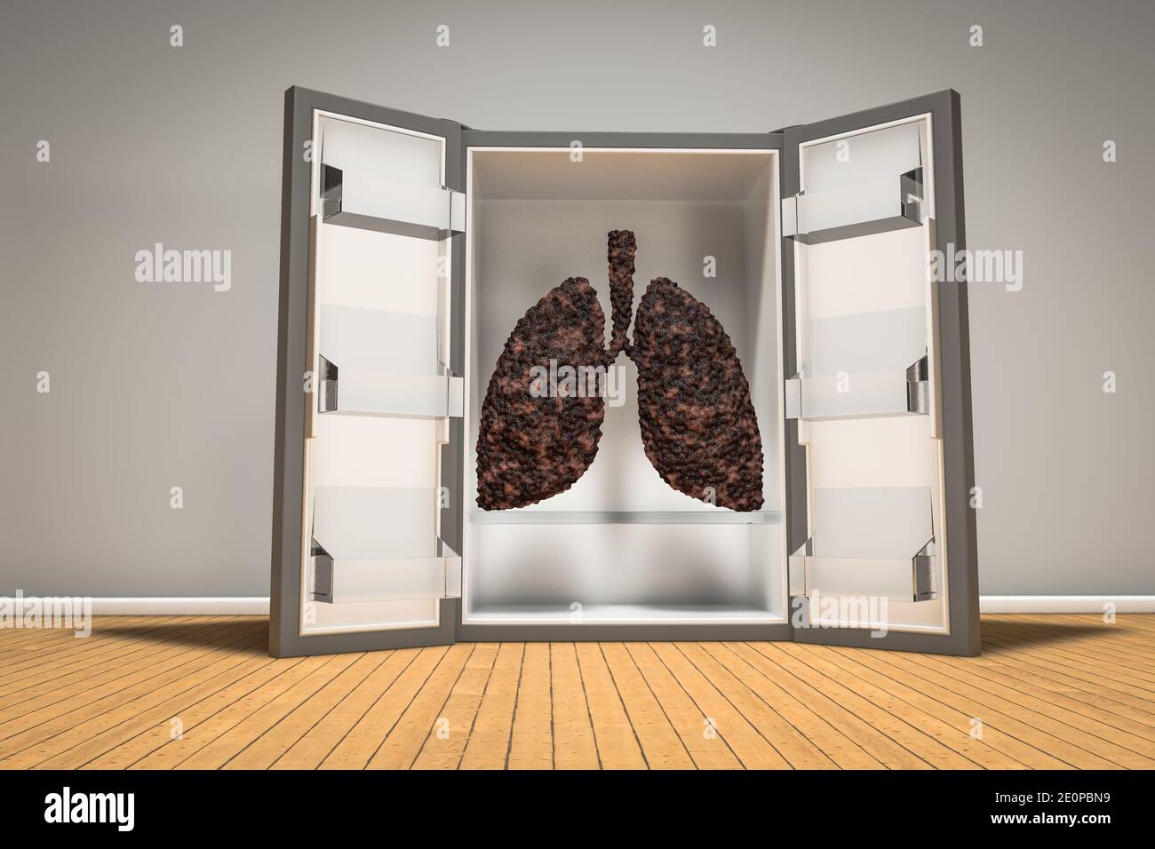 Malattia polmone in frigorifero su pavimento di legno. Congelare il tabacco o rallentare il concetto di fumo. Illustrazione 3D Foto Stock