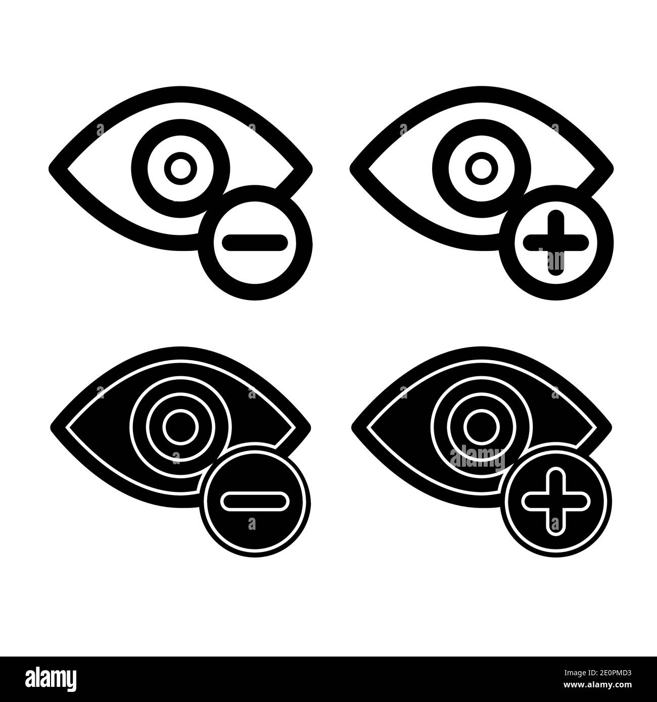 Vista dell'occhio con logo vettoriale con icone più e meno, versione in bianco e nero Illustrazione Vettoriale