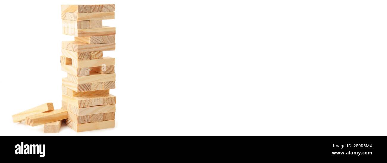 Mattone di legno isolato su sfondo bianco banner - Business Conceptual Foto Stock
