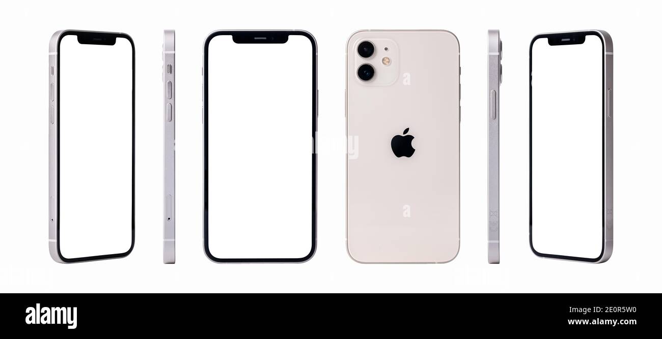 Antalya, Turchia - 02 gennaio 2021: nuovo iphone 12 bianco mockup set di colori con diverse angolazioni Foto Stock