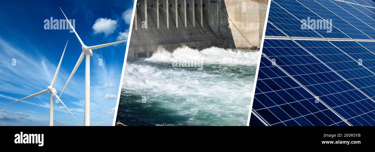 Concetto di energia rinnovabile, banner collage Foto Stock
