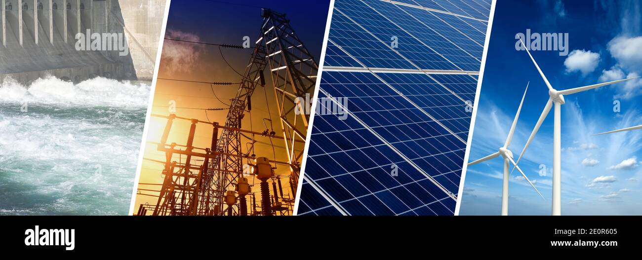 Concetto di energia rinnovabile, banner collage Foto Stock