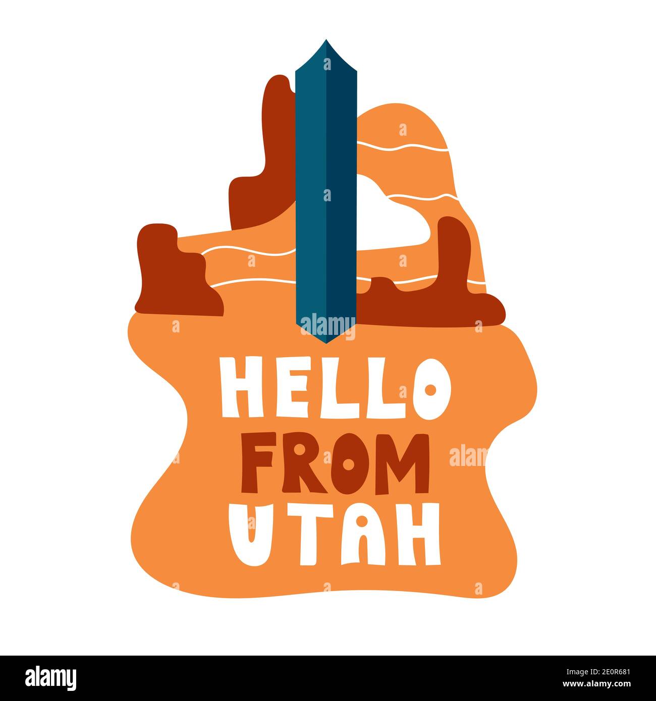 Collezione USA. Ciao dal tema Utah. Simbolo di stato - Monolith nel deserto su bianco Illustrazione Vettoriale