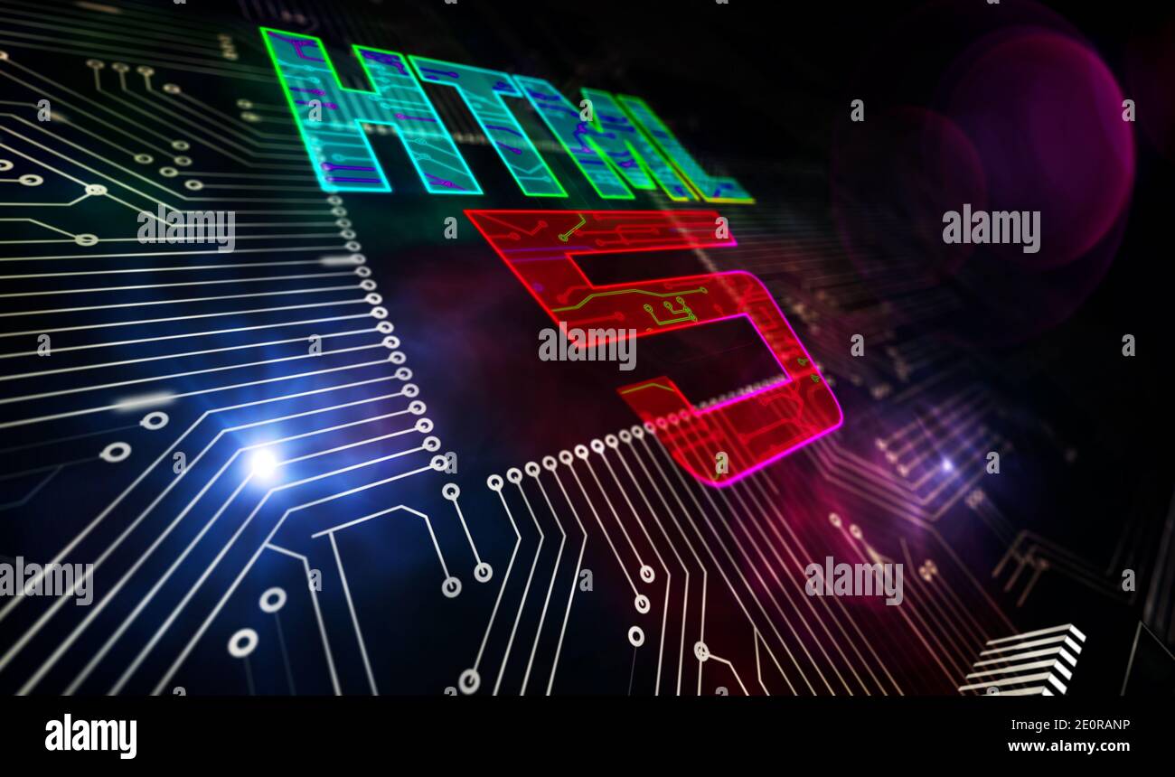 Simbolo di sviluppo HTML5, icona del linguaggio di programmazione Web, tecnologia Internet e concetto di codifica di rete www. illustrazione del rendering 3d. Foto Stock