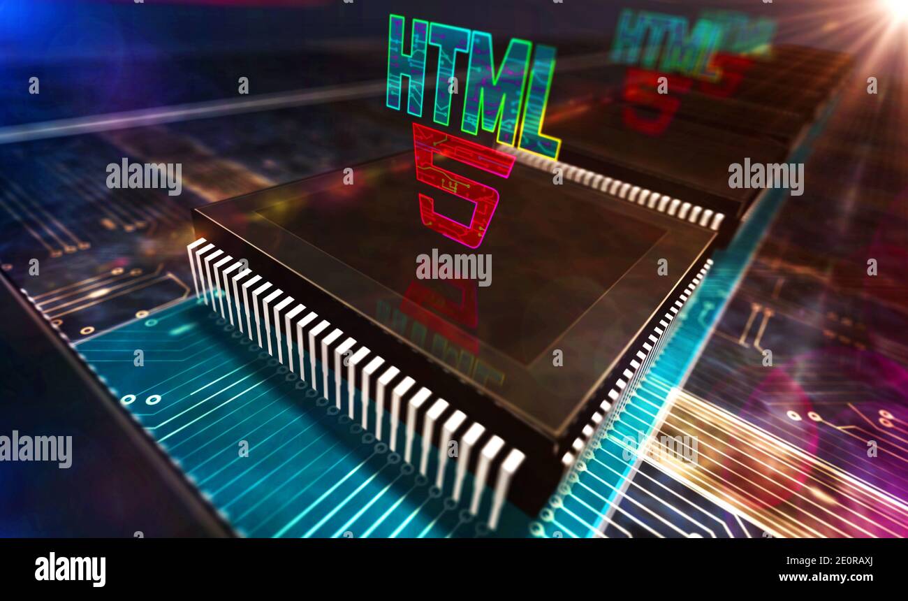 Simbolo di sviluppo HTML5, icona del linguaggio di programmazione Web, tecnologia Internet e concetto di codifica di rete www. illustrazione del rendering 3d. Foto Stock