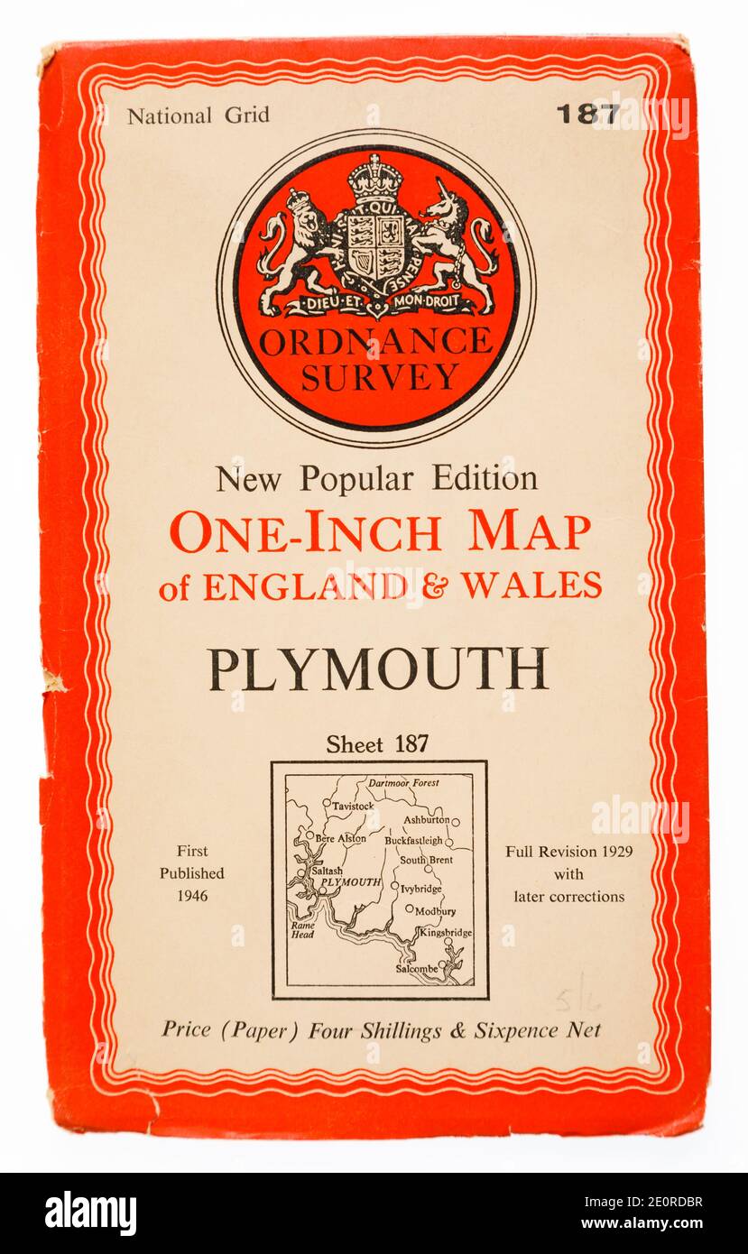 Pagina di copertina di 1946 Ordnance Survey map di Plymouth, Devon, Inghilterra. Il prezzo era di quattro scellini e sei pence. Foglio 187. Foto Stock