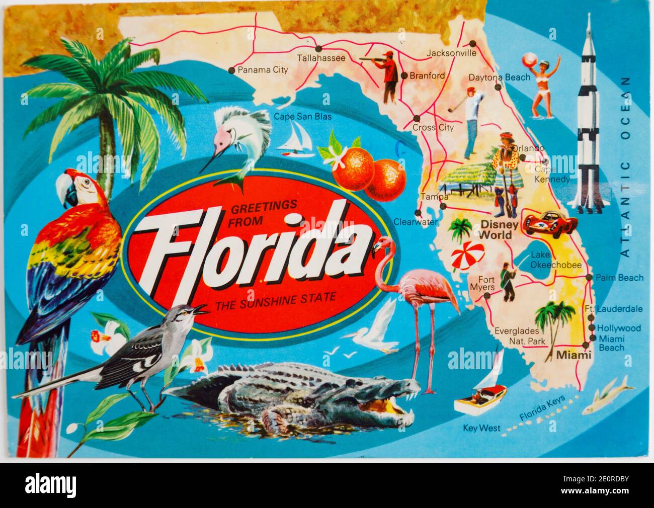Vecchia cartolina colorata che mostra una mappa turistica Florida, inviata nel 1988. Stati Uniti d'America. Foto Stock