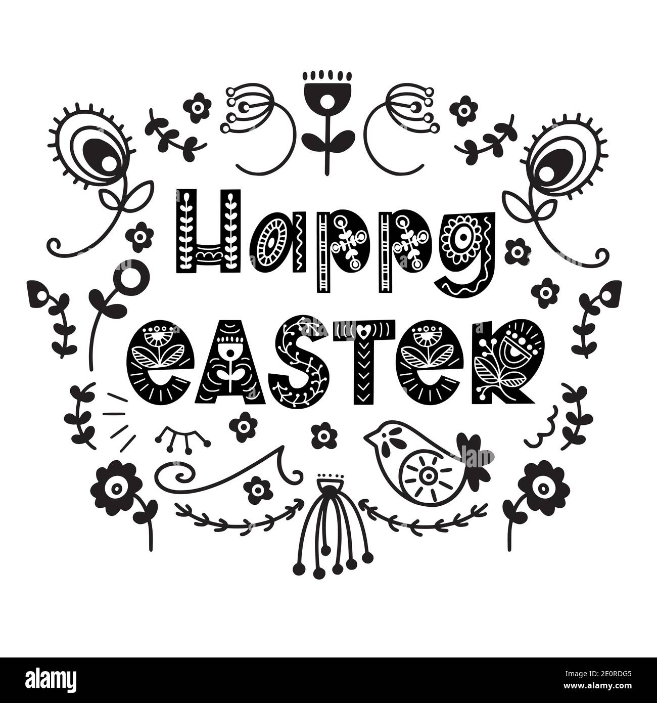 Buona Pasqua con scritte floreali in stile scandinavo. Stagioni saluti. Cartolina, invito, poster, tipografia banner. Illustrazione Vettoriale