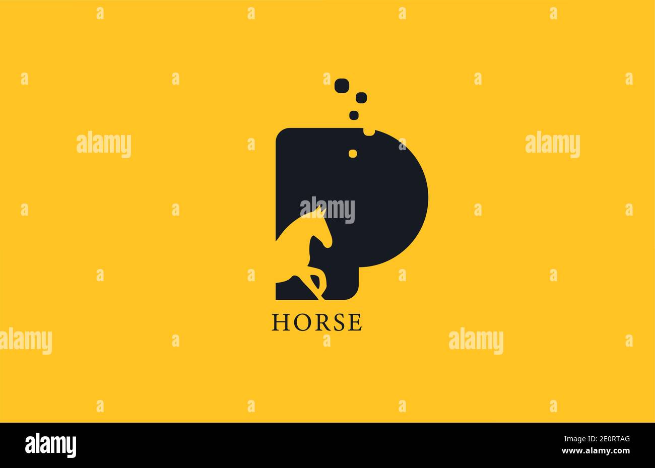 P icona gialla con il logo della lettera dell'alfabeto a cavallo nero con la forma dello stallone all'interno. Design creativo per aziende e aziende Illustrazione Vettoriale