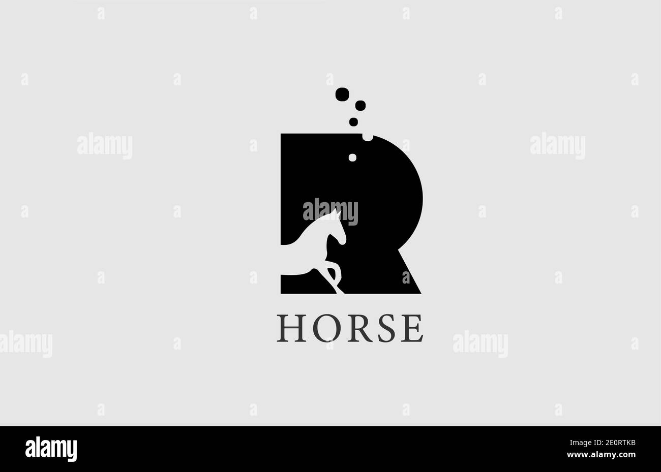 Icona del logo della lettera dell'alfabeto a cavallo R con la forma dello stallone all'interno. Design creativo in bianco e nero per aziende e aziende Illustrazione Vettoriale