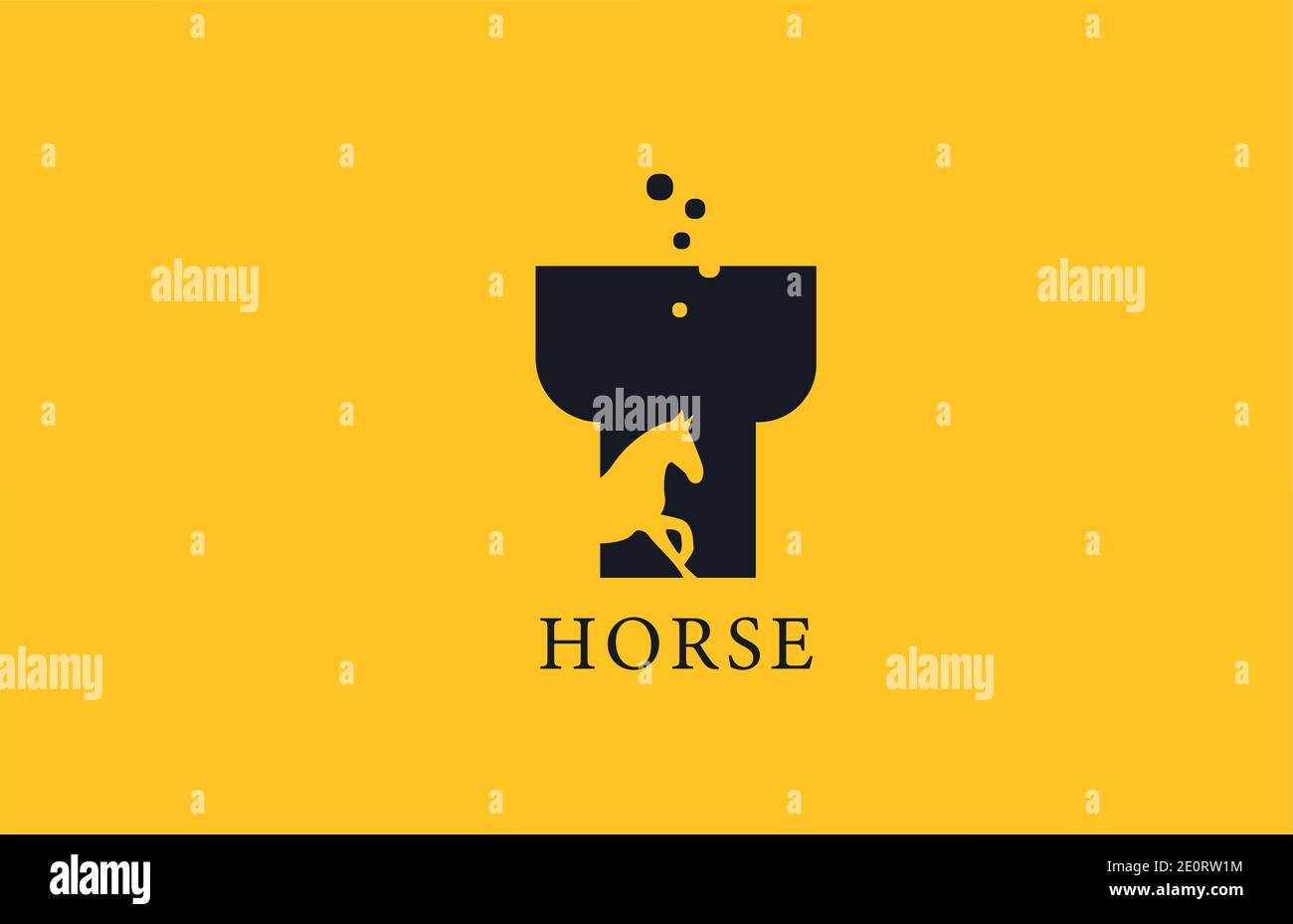 T icona gialla con il logo della lettera dell'alfabeto a cavallo nero con la forma dello stallone all'interno. Design creativo per aziende e aziende Illustrazione Vettoriale