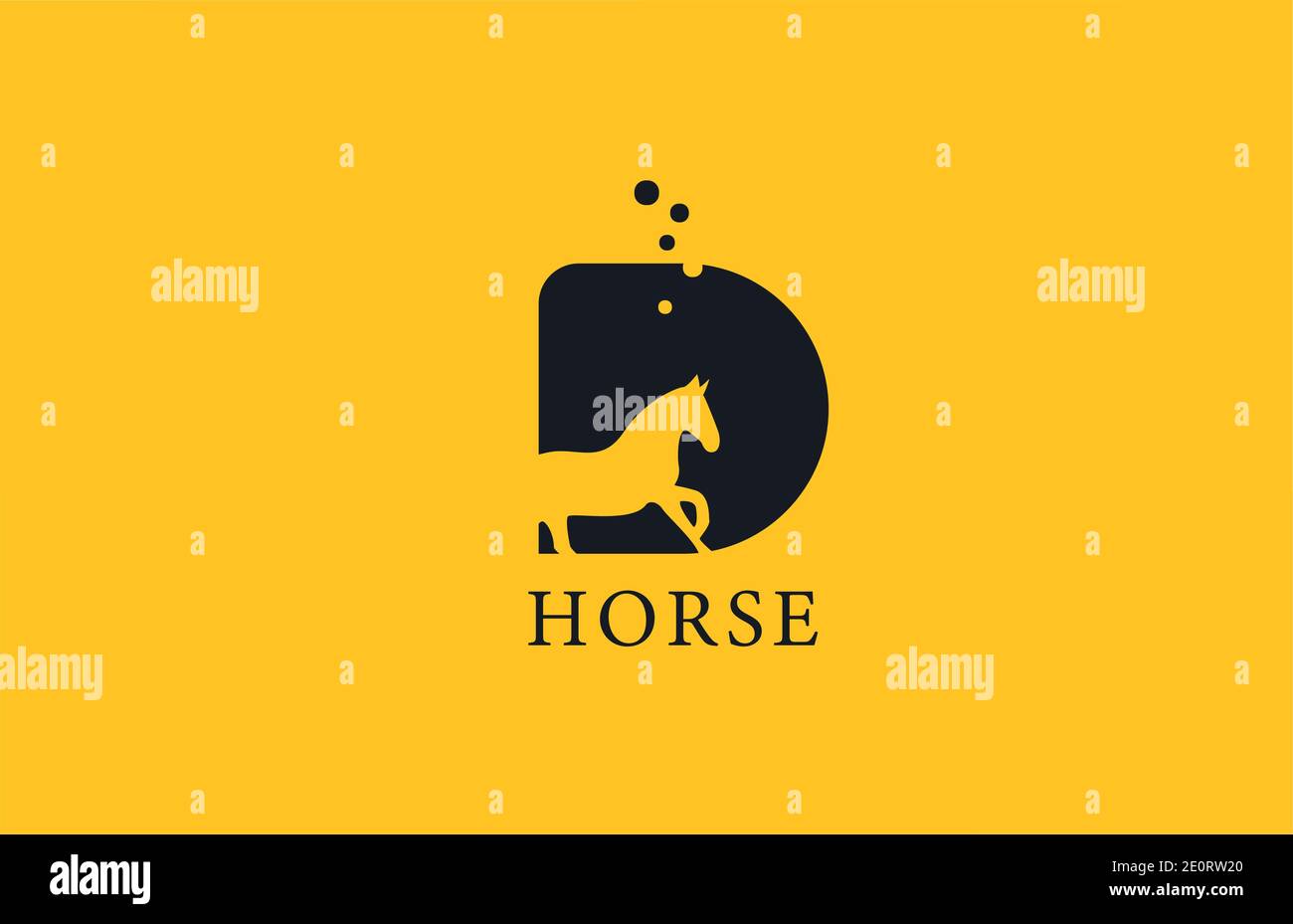 D icona gialla con il logo della lettera dell'alfabeto a cavallo nero con la forma dello stallone all'interno. Design creativo per aziende e aziende Illustrazione Vettoriale