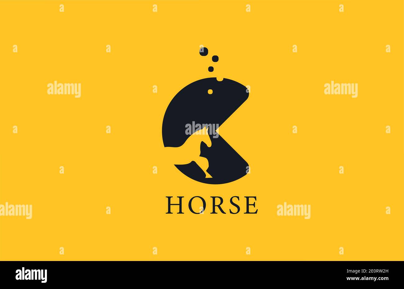 C icona gialla con il logo della lettera dell'alfabeto a cavallo nero con la forma dello stallone all'interno. Design creativo per aziende e aziende Illustrazione Vettoriale