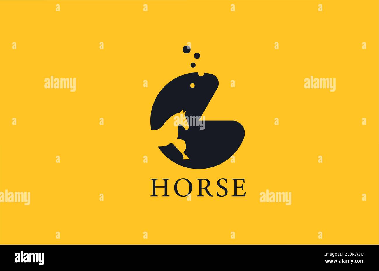 G icona gialla con il logo della lettera dell'alfabeto a cavallo nero con la forma dello stallone all'interno. Design creativo per aziende e aziende Illustrazione Vettoriale