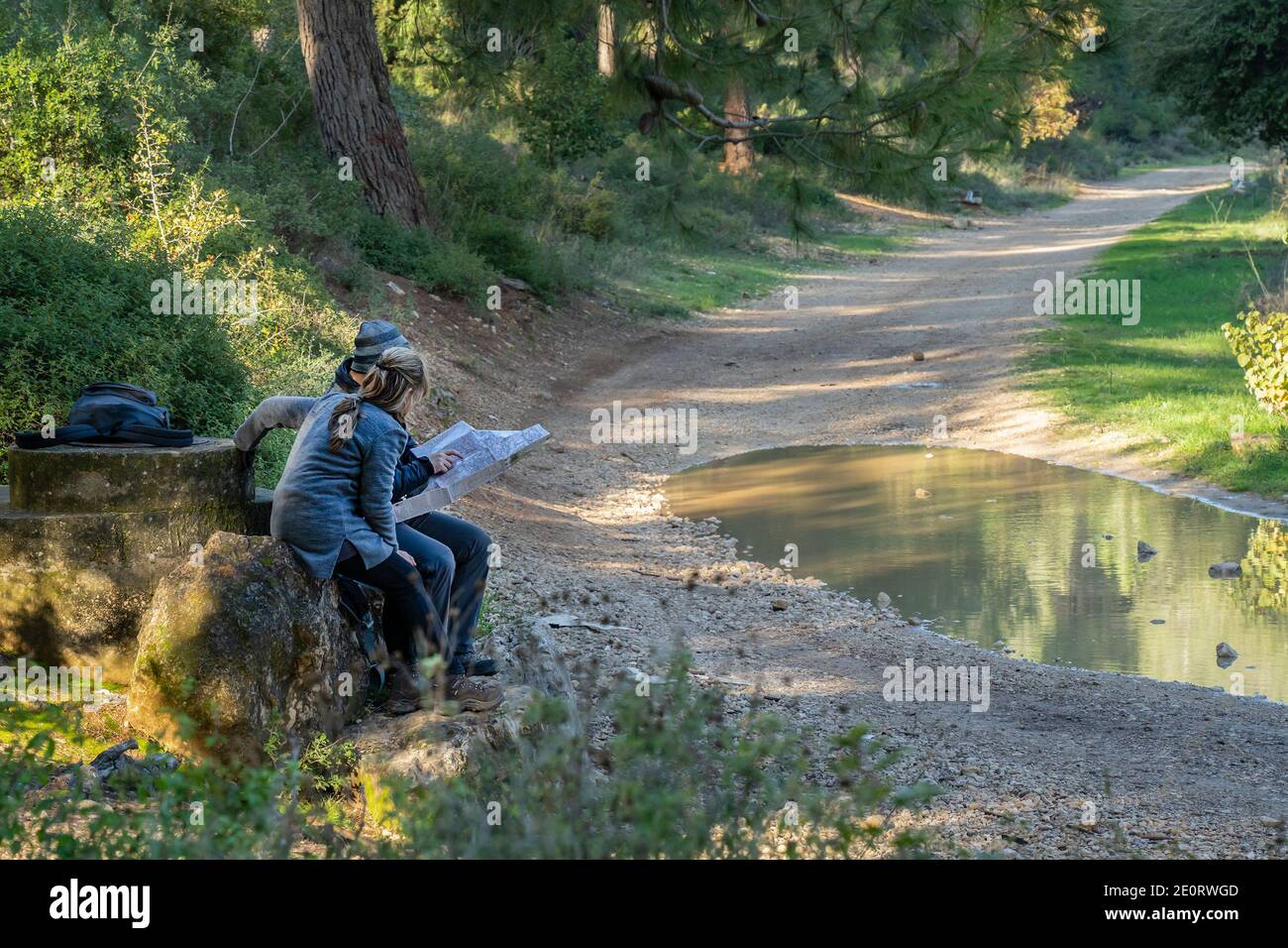 Un paio di escursionisti che consultano la loro mappa in una foresta vicino a Gerusalemme, Israele Foto Stock