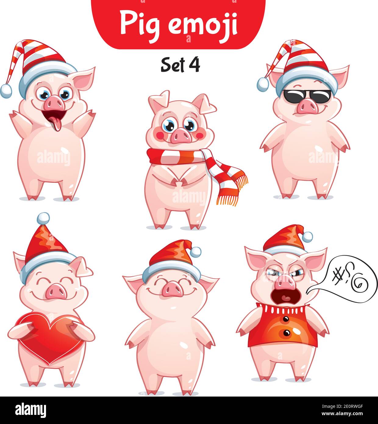 Set vettoriale di caratteri di maiale natalizi. Set 4 Illustrazione Vettoriale