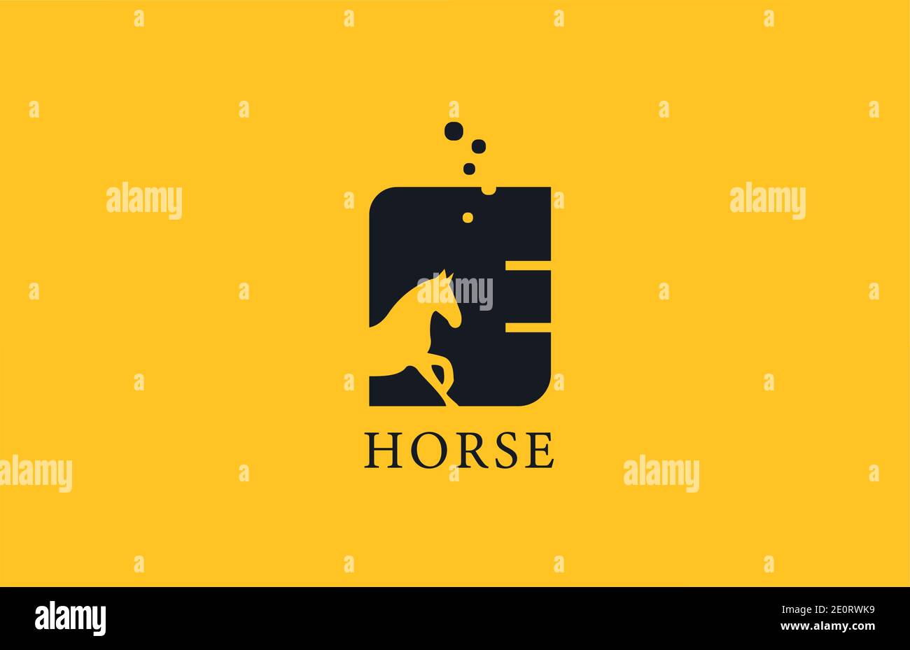 E icona con logo con lettera a cavallo nera gialla con forma a stallone all'interno. Design creativo per aziende e aziende Illustrazione Vettoriale