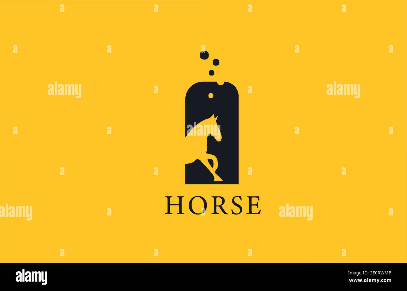 I icona gialla con il logo della lettera dell'alfabeto di cavallo nero con la forma dello stallone all'interno. Design creativo per aziende e aziende Illustrazione Vettoriale