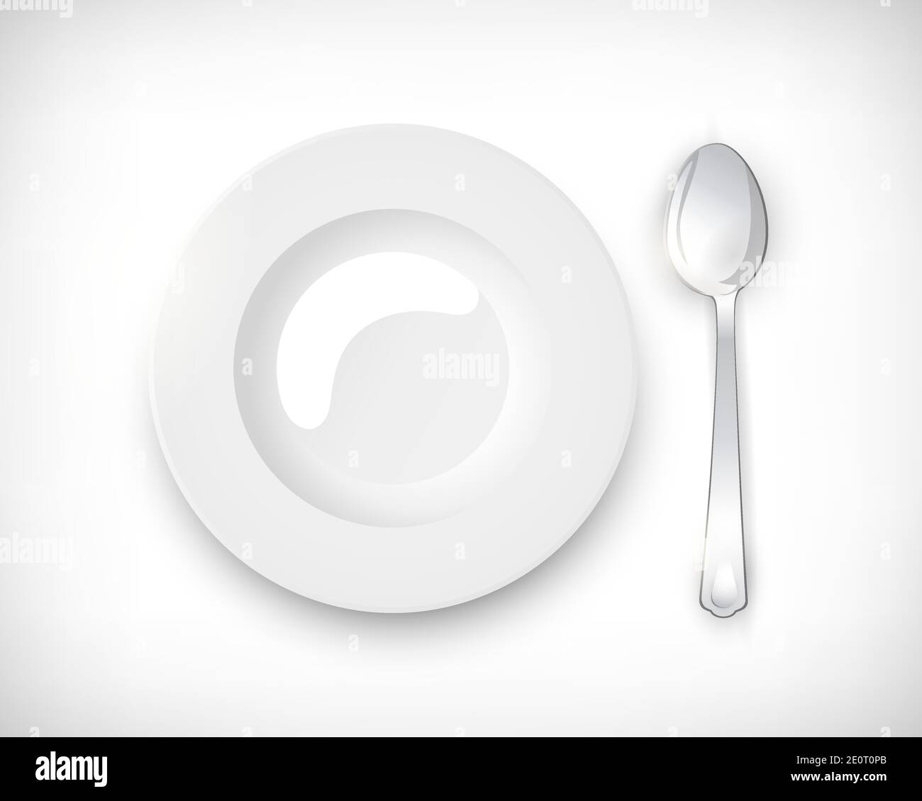 Vista dall'alto piatto per zuppa rotondo bianco vuoto con cucchiaio in argento. Impostazione della tabella isolata su sfondo vignetta. Elementi per il web design. Illustrazione vettoriale. Illustrazione Vettoriale